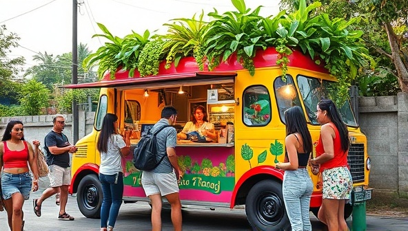 A vibrant food truck adorned with lush green plants and serving colorful plant-based dishes to a diverse group of customers, capturing the essence of eco-friendliness and culinary delight on wheels.