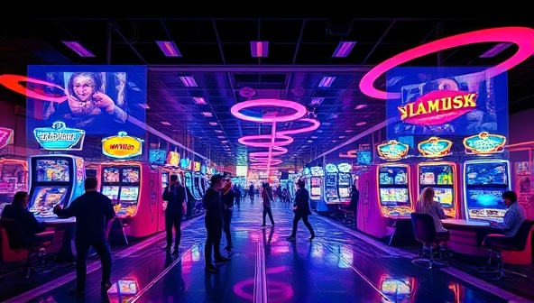 An immersive AR casino scene projected onto a real-world location, showcasing players interacting with virtual casino games and environments through AR devices, illustrating the futuristic and innovative nature of the ARcasinoElevate experience.