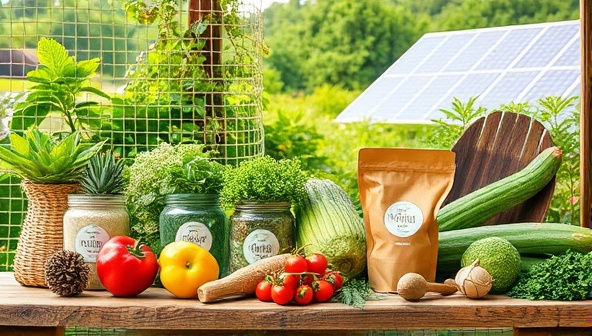An eco-friendly product display featuring a variety of organic fruits, vegetables, and agricultural tools arranged on a rustic wooden table against a backdrop of lush greenery and solar panels, symbolizing sustainable agriculture and ethical consumption within EcoHarvest Marketplace.