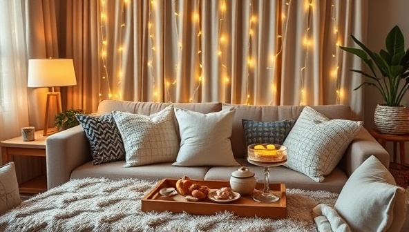 A cozy living room adorned with fairy lights, fluffy pillows, and a tray of snacks, set up to recreate a luxurious staycation experience at home, inviting relaxation and indulgence without leaving the comfort of your space.