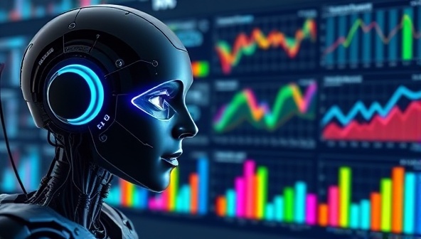 An AI algorithm analyzing colorful data graphs and charts, presenting valuable market insights in a visually appealing and futuristic display, symbolizing the tool's advanced analytics capabilities.