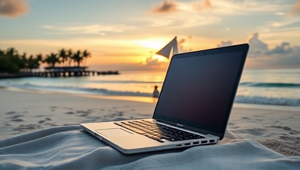 An image of a laptop on a beach with a tropical sunset in the background, symbolizing the blend of work and leisure for remote workers seeking travel concierge services.
