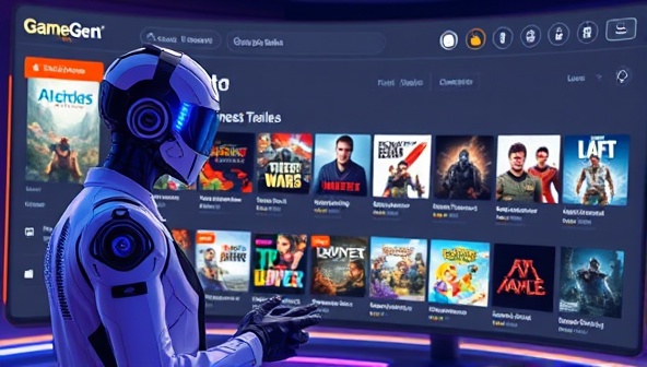 An AI-powered virtual assistant guiding a gamer through a selection of recommended games based on their preferences, displayed on a futuristic interface with dynamic game trailers and user ratings, illustrating the personalized and cutting-edge nature of GameGen AI.