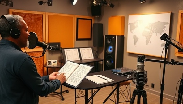 An audio recording studio setup with a voice actor performing dramatic narration for a virtual game scene, surrounded by scripts, sound equipment, and recording tools, capturing the essence of professional game storytelling through voice acting.