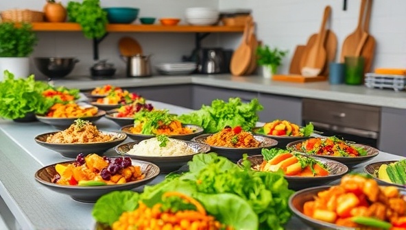 An appetizing and vibrant culinary scene showcasing a variety of colorful plant-based dishes being prepared in a modern kitchen setting, highlighting the creativity and diversity of plant-based cooking classes offered by GreenEats Academy.