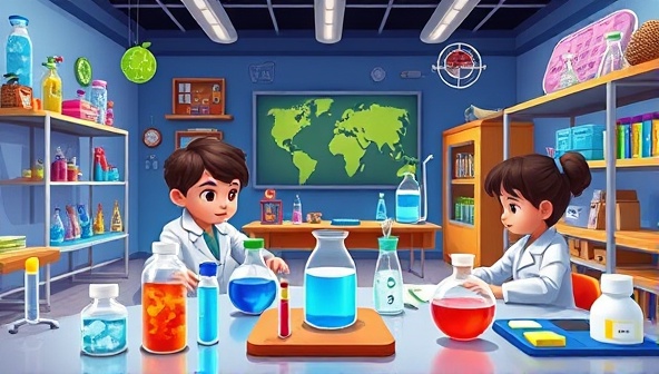 An animated virtual science lab filled with colorful equipment and interactive tools, with young students conducting experiments and engaging with STEM concepts under the guidance of virtual instructors, fostering a love for learning and exploration in STEM education for kids.
