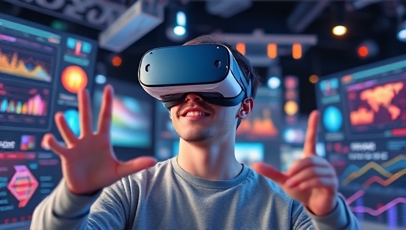 An individual wearing a VR headset, immersed in a virtual web design environment, interacting with digital tools and elements, surrounded by futuristic visuals and creative inspiration, illustrating the innovative VR Web Studio experience.