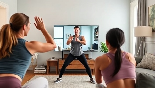 An energetic and dynamic image of a virtual fitness coach leading an online workout session with participants following along from home, showcasing the convenience and effectiveness of remote health and fitness coaching on FitWell Connect.
