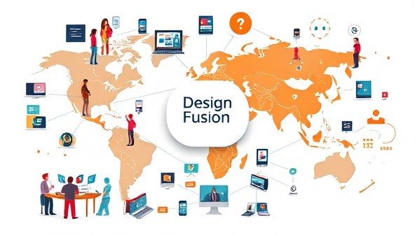 An artistic representation of a global network of designers collaborating on various web design projects through DesignFusionHub, with virtual design studios, creative brainstorming sessions, and a diverse array of design styles and concepts, symbolizing collaboration and creativity in web design.