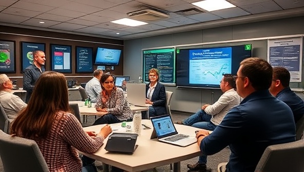 A corporate setting with employees engaged in a MoneyMinds at Work workshop, a financial educator leading a discussion on investment strategies and retirement planning, surrounded by interactive visuals and resources, promoting financial empowerment and well-being in the workplace.