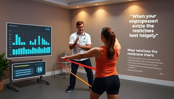 A dynamic virtual physiotherapy session with a physiotherapist guiding a patient through exercises using resistance bands, accompanied by digital progress charts and motivational quotes, creating a sense of empowerment and progress in rehabilitation.