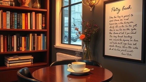 An intimate cafe setting with a cozy reading nook, featuring a shelf of poetry books, a steaming cup of tea, and a handwritten poem framed on the wall, creating a warm and inviting atmosphere for poetry lovers.