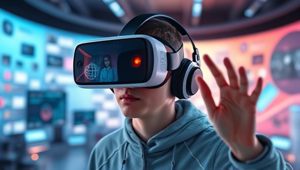An immersive VR headset displaying a user exploring a futuristic website environment, interacting with elements in a visually captivating digital world that blends reality and imagination.