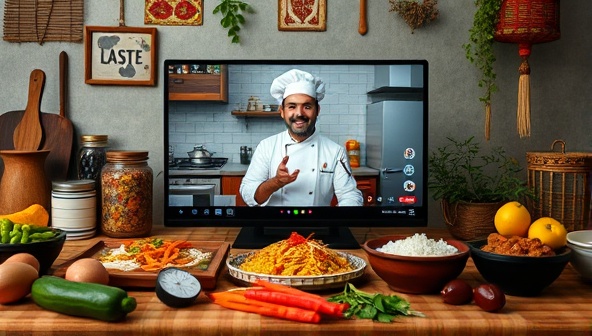 An online cooking class setup with a chef demonstrating a traditional recipe on a live stream, surrounded by colorful ingredients, cooking utensils, and cultural decor elements, inviting participants to join the culinary journey of Global Taste Kitchen.