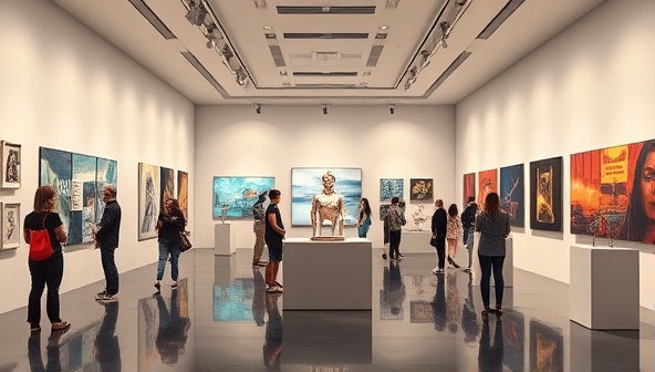 An elegant visual presenting a virtual art gallery space with digital art installations and sculptures, surrounded by virtual visitors exploring the exhibits and engaging with interactive elements, capturing the sophistication and creativity of the online art world, inviting users to immerse themselves in a virtual art experience.