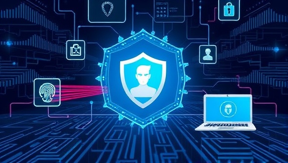 An illustration of a secure digital identity verification process, with biometric scans and encrypted data streams, symbolizing the advanced security measures and seamless user experience offered by the ID Shield Pro service.
