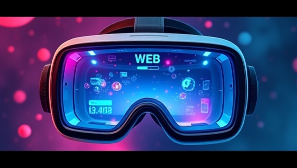 An artistically rendered VR headset displaying a futuristic web design environment with floating elements, vibrant colors, and interactive features, showcasing the immersive potential of VR WebWonders.