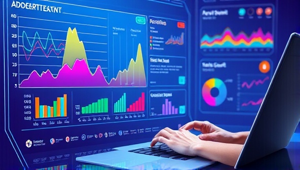 An illustration of a futuristic AI interface displaying colorful graphs and content suggestions, with a person typing on a laptop, symbolizing creativity and technology integration.