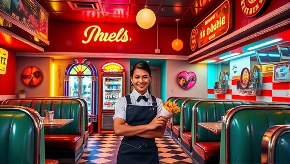A colorful and vibrant retro diner scene with neon lights, jukebox music playing in the background, checkered floors, vinyl booths, and a smiling server in a classic uniform serving a milkshake and fries, evoking a sense of nostalgia and warm hospitality.