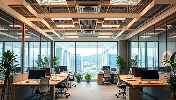 A modern office setting with energy-efficient LED lighting, smart sensors adjusting room temperature, and employees working in a comfortable and eco-friendly environment, illustrating productivity and sustainability in the workplace.