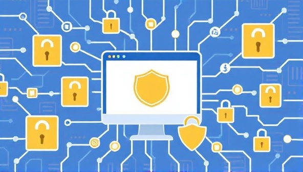 An illustration of interconnected blocks representing blockchain encryption surrounding a secure website interface, with digital padlocks and shield symbols symbolizing protection and cybersecurity, visually emphasizing the concept of blockchain-integrated website security solutions.