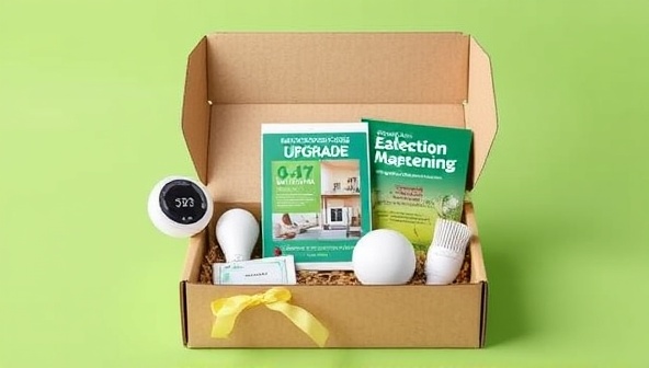 A subscription box mockup featuring energy-efficient home automation devices like smart thermostats, LED bulbs, and motion sensors, along with a guidebook on energy-saving tips and eco-conscious living, conveying a modern and sustainable lifestyle upgrade experience.