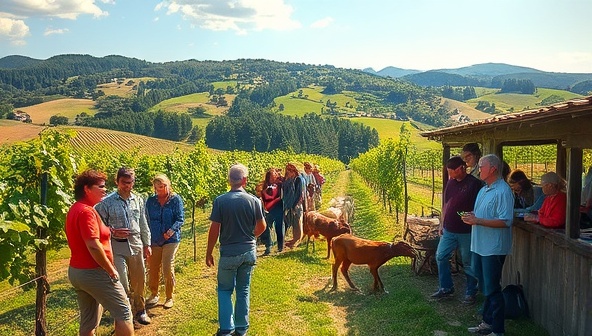 An idyllic scene at HarvestVista Expeditions, featuring participants exploring a lush vineyard, sampling fresh produce, and interacting with farm animals in a picturesque agricultural setting, surrounded by rolling hills, vine-covered trellises, and bountiful harvests, epitomizing the essence of agricultural beauty and abundance.
