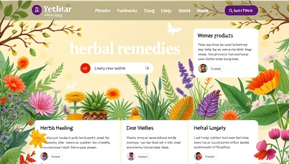An enchanting visual of an herbal remedies marketplace homepage featuring colorful botanical illustrations, wellness product categories, and testimonials from satisfied customers, evoking a sense of tranquility and natural healing.