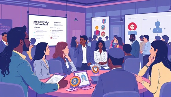 An artistic depiction of a virtual networking event where professionals are engaging in mentorship conversations and knowledge sharing, with digital badges and achievements symbolizing career growth and development in a virtual space.