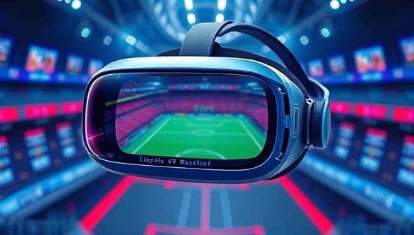 A futuristic VR headset displaying a virtual sports arena with digital odds displayed around the immersive environment, showcasing the thrill of VR betting.