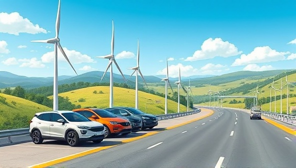 An illustration of a WindCharge Station with sleek wind turbines generating electricity to charge parked electric vehicles, set against a backdrop of a scenic highway with clean skies and green landscapes, showcasing the harmony between renewable energy and eco-friendly transportation.