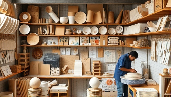 A cozy workshop filled with recycled paper materials, handmade paper products displayed on shelves, and artisans crafting paper items with intricate designs, conveying sustainability and creativity in paper crafting.