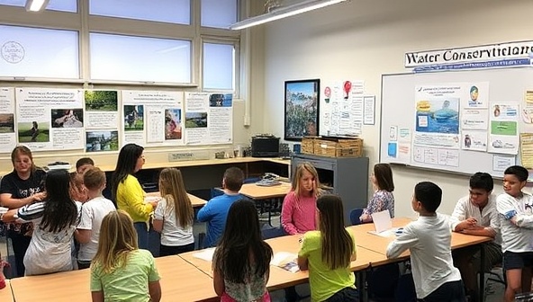 A classroom setting with interactive water conservation displays, engaging students in hands-on activities and discussions about water usage, conservation tips, and the importance of protecting water resources for future generations.