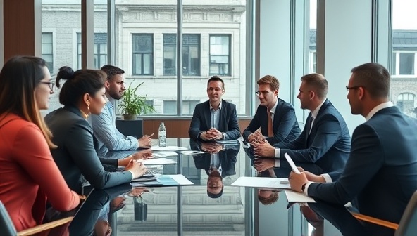 A sophisticated office setting with a team of executive recruiters engaged in a strategy session, reviewing candidate profiles and discussing recruitment strategies, projecting professionalism and expertise in executive talent acquisition.