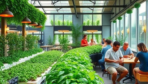 An inviting cafe setting with lush greenery all around, showcasing the aquaponic herb garden in the background, with patrons enjoying freshly prepared dishes using the garden's bounty, creating a harmonious connection between nature and dining experience.