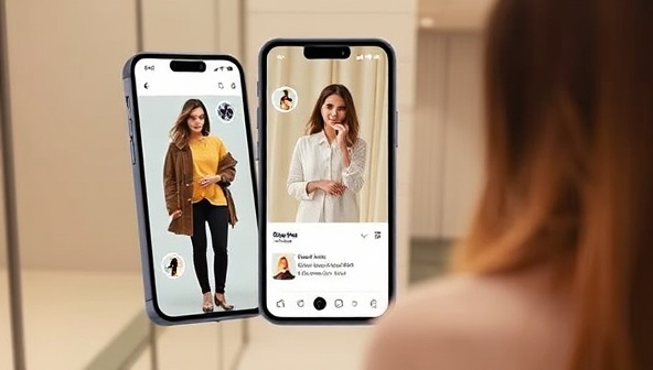 An interactive app interface displaying a user virtually trying on different outfits in front of a mirror, with AI-generated style recommendations and shopping options, creating a seamless and engaging fashion experience.