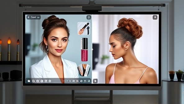 An elegant digital interface showcasing a split-screen with a beauty expert giving personalized advice on makeup techniques, skincare routines, and hairstyling tips to a client, creating a virtual beauty consultation experience.