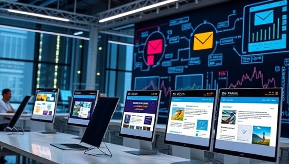 A digital workspace with AI algorithms analyzing user data and generating personalized email campaigns, with engaging email templates displayed on screens, showcasing the innovative and data-driven approach to email marketing.