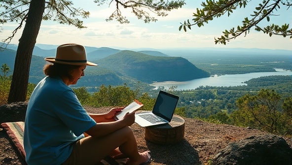 An idyllic depiction of a tranquil writing retreat setting, featuring a writer immersed in creative work amidst nature, with a laptop, notebook, and scenic backdrop, capturing the essence of inspiration and serenity in a writing getaway.