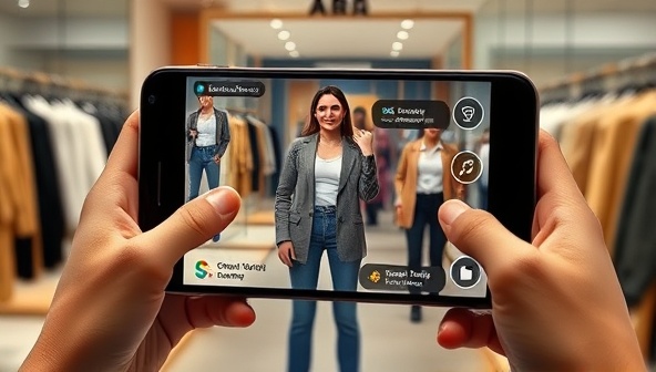 An engaging AR interface showcasing a virtual fitting room where customers can see themselves trying on different outfits and accessories, with style suggestions popping up on the screen, creating an immersive shopping experience.