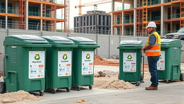 A construction site with smart bins fitted with sensors, displaying real-time data on waste levels and recycling rates, workers using a digital platform to track waste management progress, symbolizing efficiency and sustainability.