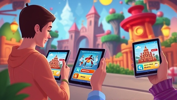 An animated scene showing users engaging with gamified ads on their devices, completing challenges and earning rewards within a vibrant and interactive virtual world, highlighting the fun and engaging nature of AdPlay Quests.