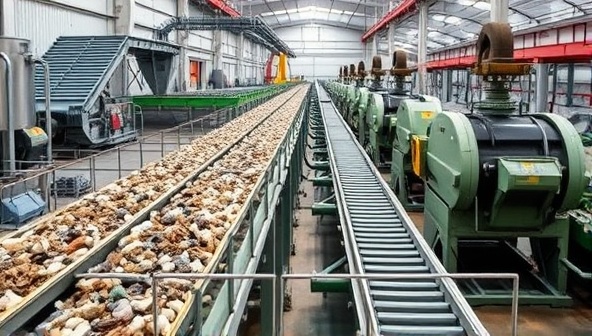 An industrial facility with conveyor belts transporting mining waste materials to recycling machines, showcasing a sustainable and eco-friendly approach to waste management.