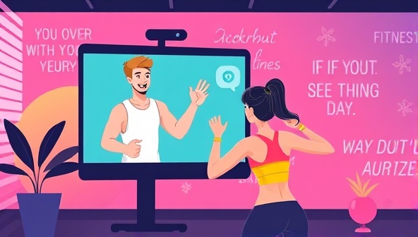 A vibrant digital illustration of a virtual fitness coach guiding a user through an energetic workout session via a video call, with motivational quotes in the background to inspire users.