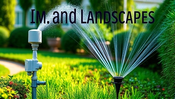 An elegant garden setting with a smart irrigation system in action, showcasing sensors, sprinklers, and lush greenery, highlighting the efficiency and eco-friendly nature of automated water management in landscapes.