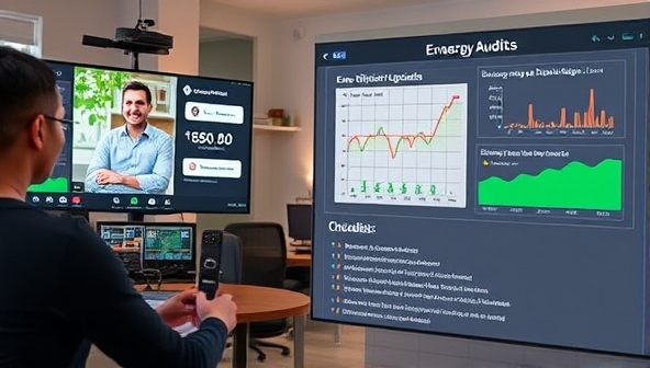 An engaging virtual energy audit session scene featuring an auditor conducting assessments via video call, showcasing energy-efficient upgrades on a digital interface, energy consumption graphs, and a checklist of recommended improvements, creating an interactive and informative experience.