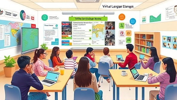 A dynamic digital artwork showcasing a virtual language classroom with diverse students engaging in interactive language activities, virtual cultural tours, and language exchange sessions, highlighting global connections and learning opportunities.