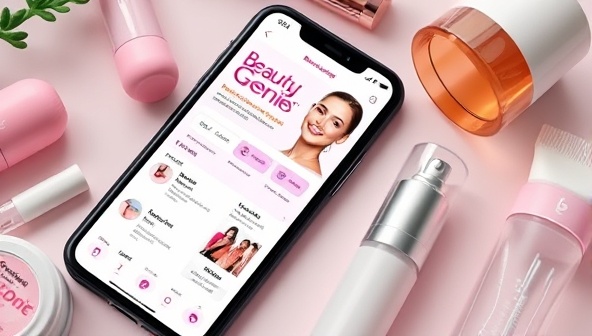 A smartphone screen displaying the BeautyGenie app interface with personalized skincare routines, makeup recommendations, and haircare tips tailored to the user's profile, surrounded by beauty products and a digital AI assistant, illustrating the app's advanced personalization features.