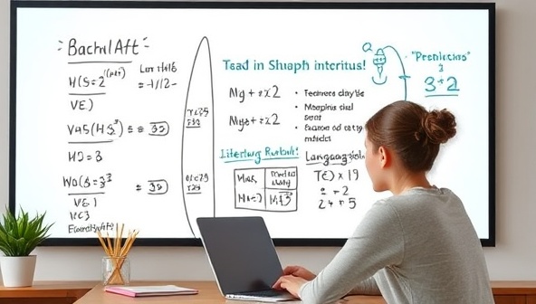 An online tutoring session with a student and a virtual tutor interacting through a digital whiteboard, solving math problems, discussing literature analysis, or practicing language skills, fostering a dynamic and engaging learning environment for academic success.