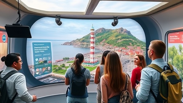 An engaging virtual tour interface displaying a scenic local landmark with interactive elements for users to explore, accompanied by a diverse group of individuals enjoying the immersive experience together, highlighting the platform's community-driven approach.